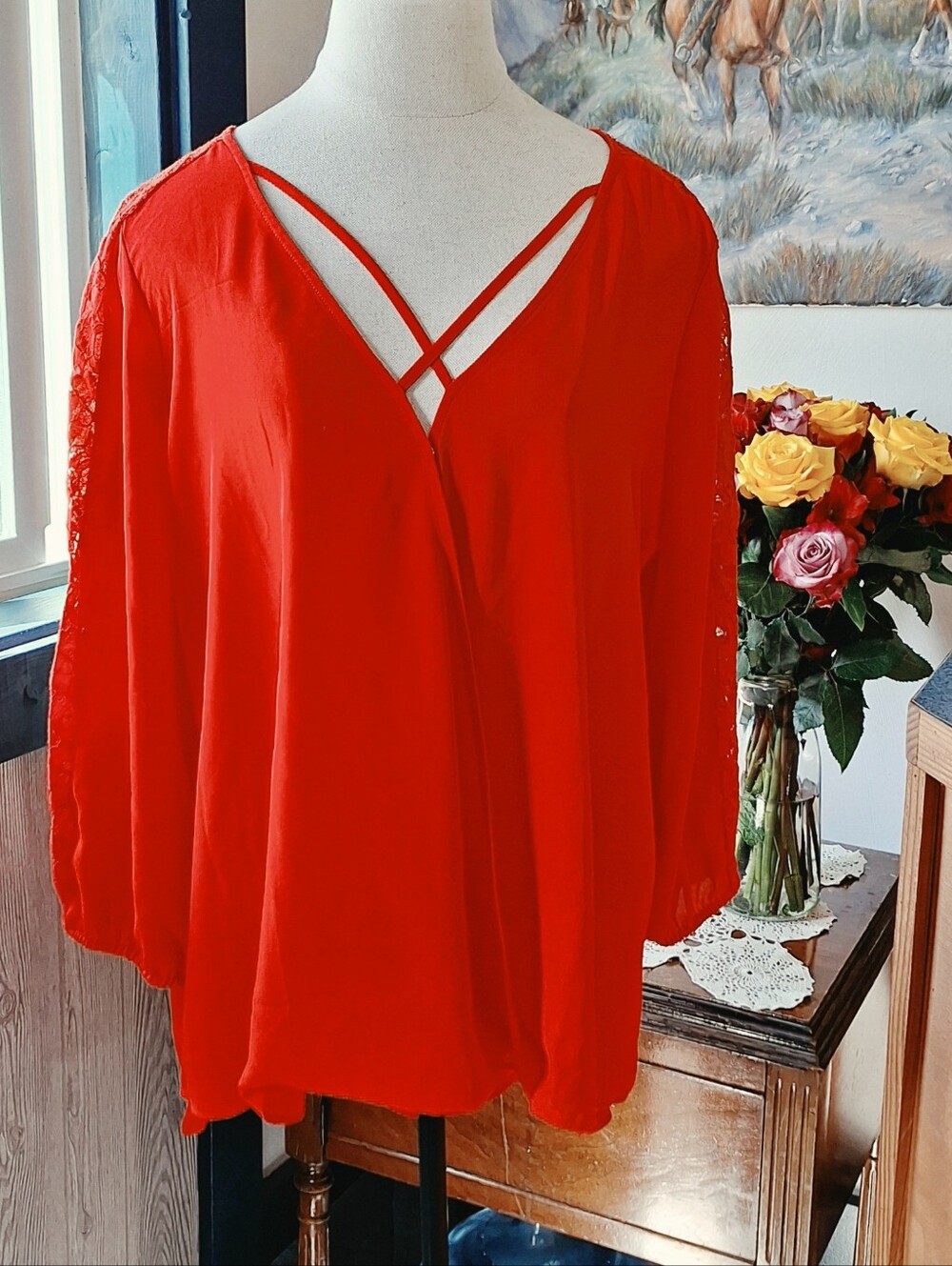 BOLD Elements Cut to Curve Madrid Red Chiffon & Lace Surplice Blouse, XXL, NWT